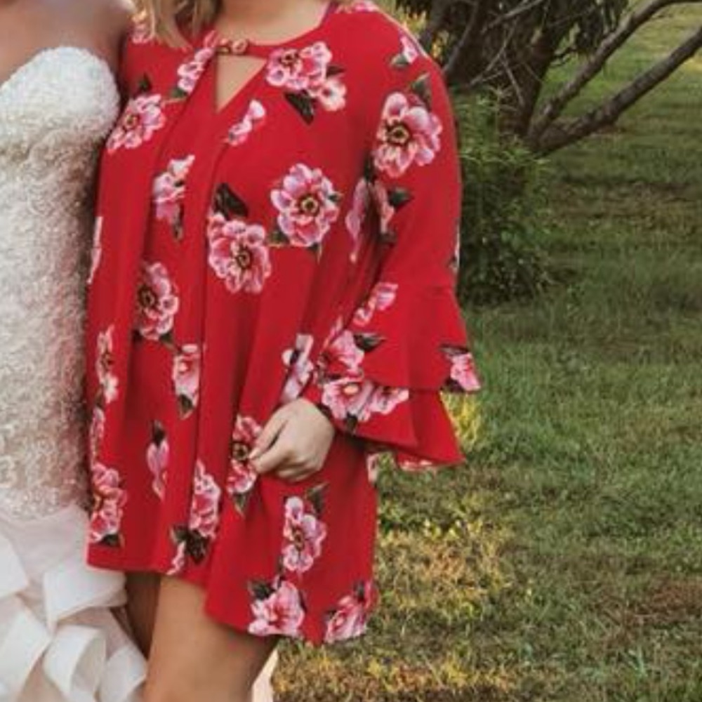 Red Floral Bell Sleeve Dress